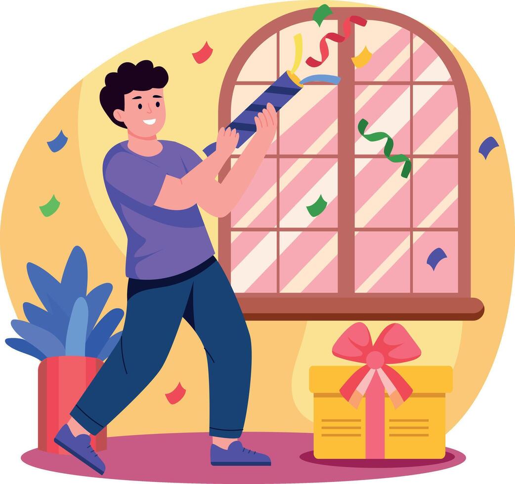 A flat style illustration showing person holding party popper vector