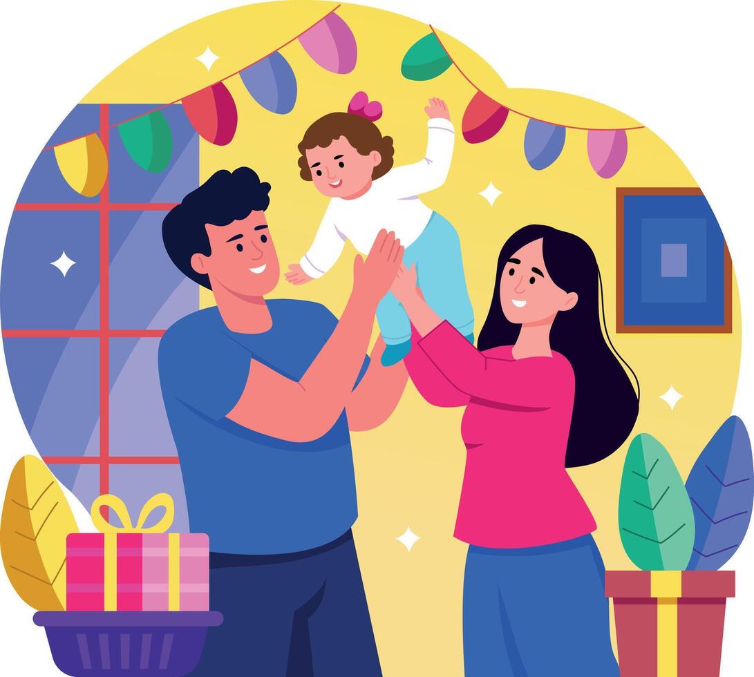 A flat style illustration showing parents lifting baby vector