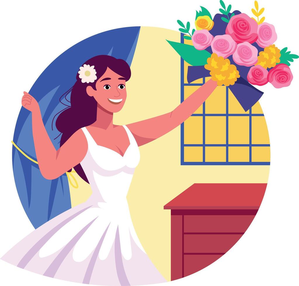 A flat style illustration showing a person holding bouquet toss vector