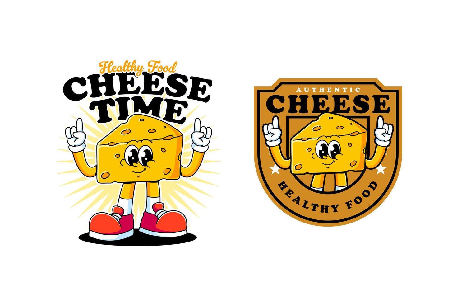 Cheese slice retro mascot illustration logo set with number one hand. Cheddar cartoon character for restaurant. Cute cheese wedges mascot with standing and pointing up hand for food promotion or label vector