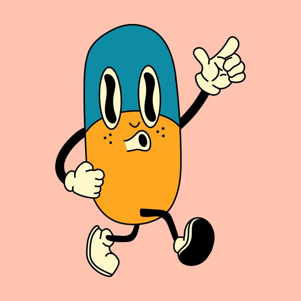 Psychedelic Retro Pill Cartoon Character vector