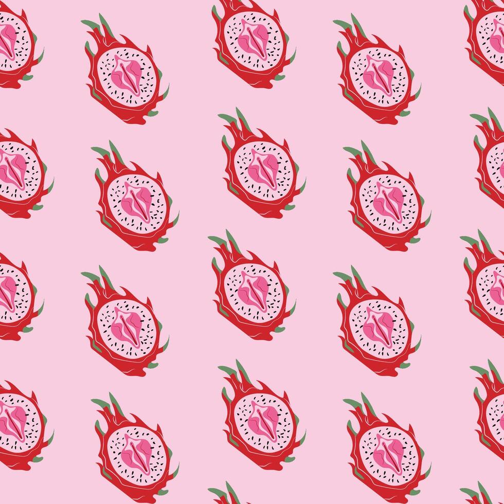 Seamless pattern with Dragon fruit, pitahaya with outlines female labia. Vulva vector