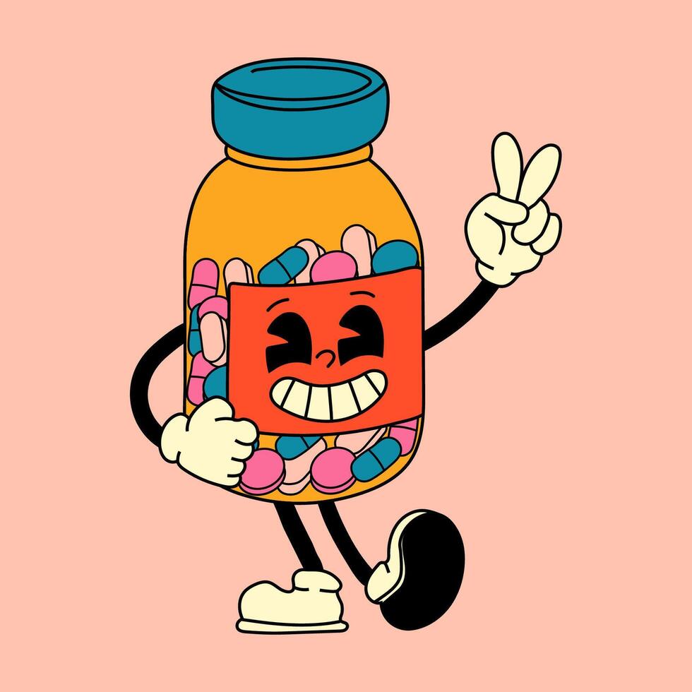 Groovy Retro Pill Jar Cartoon Character vector