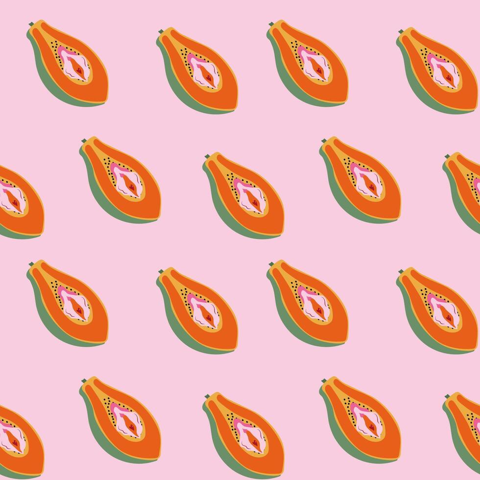 Seamless pattern with Papaya with outlines female labia. Vulva vector