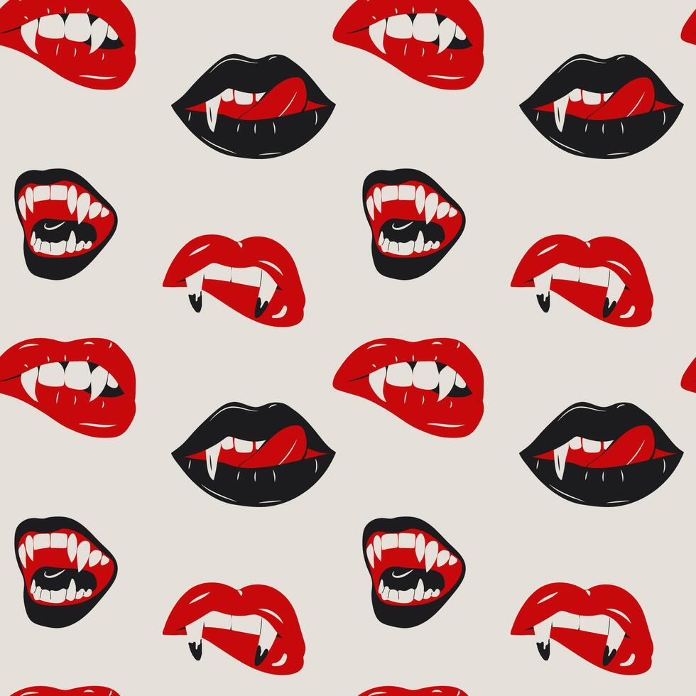 Seamless pattern with Glamorous set of vampire lips featuring blood red color and sharp fangs, offering a bold and dramatic look vector