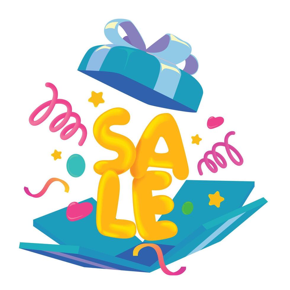 illustration of an open blue gift box with bold yellow balloon letters spelling SALE, surrounded by confetti, ribbons, and festive elements. Perfect for shopping, promotion, or marketing. vector