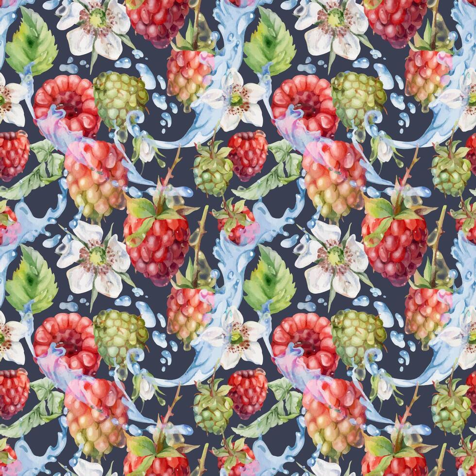 Raspberry leaves, dew drops, ice cubes, water splash hand drawn in watercolor. Ripe summer forest garden berry loganberry. Seamless pattern isolated on dark. Home preserves, packaging, wrapping paper vector
