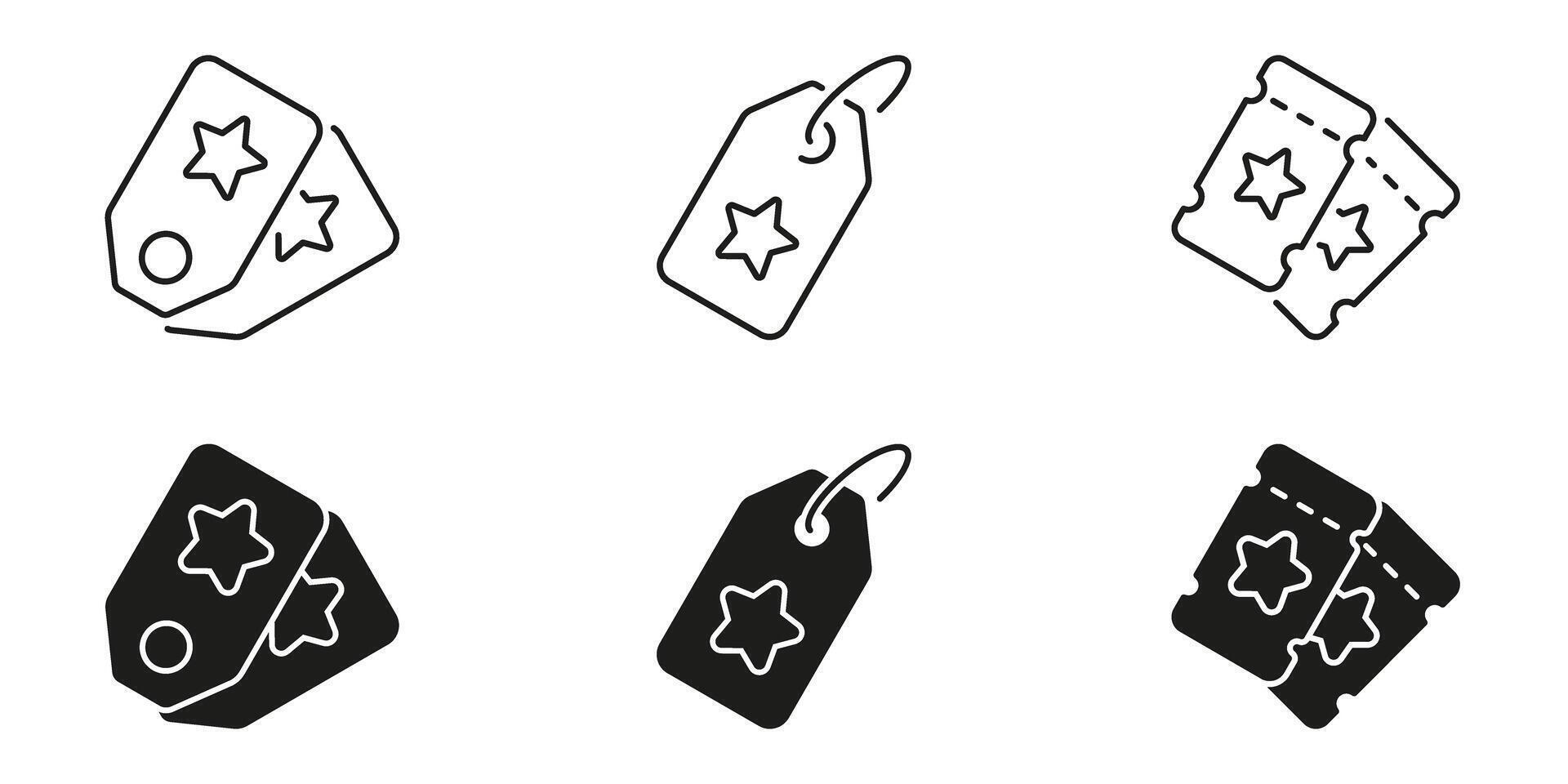 Star Tag And Ticket Line and Silhouette Icon Set. Discount Labels And Event Admission Symbols Collection. Retail Pricing And Entertainment Access Symbols. Isolated Illustration vector