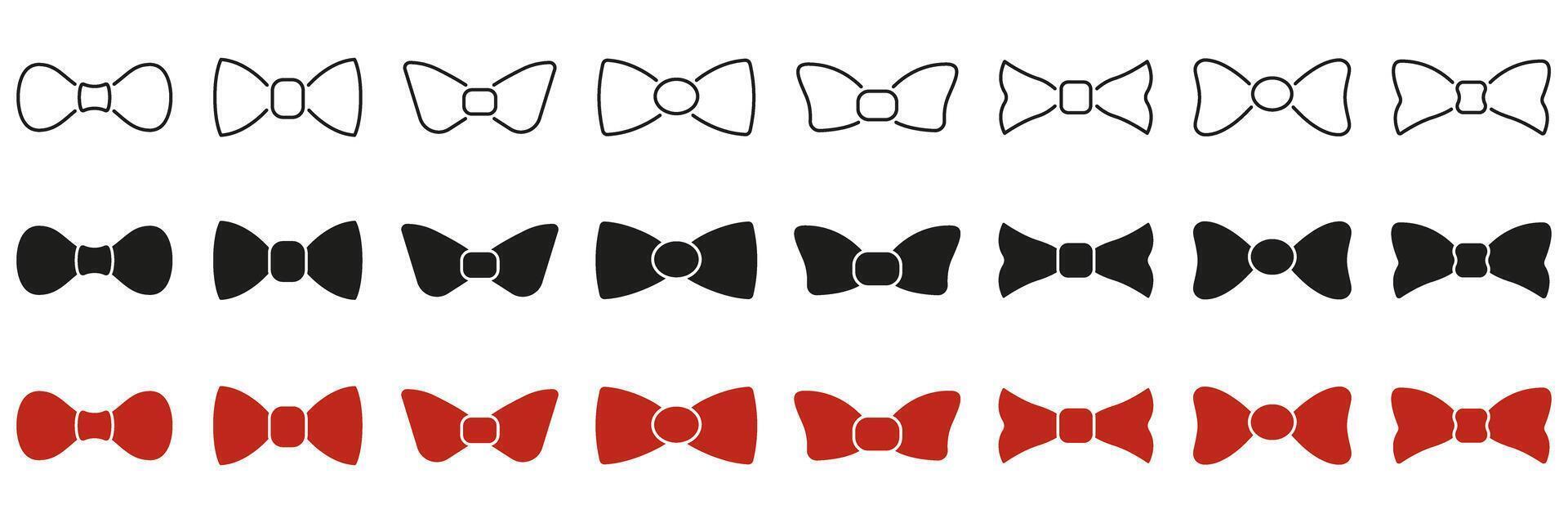 Bow Tie Icon Set In Line, Solid, And Color Styles. Fashion Accessory, Formal Wear, And Style Symbol Collection. Includes Outline, Silhouette, And Red Variations. Isolated Illustration vector