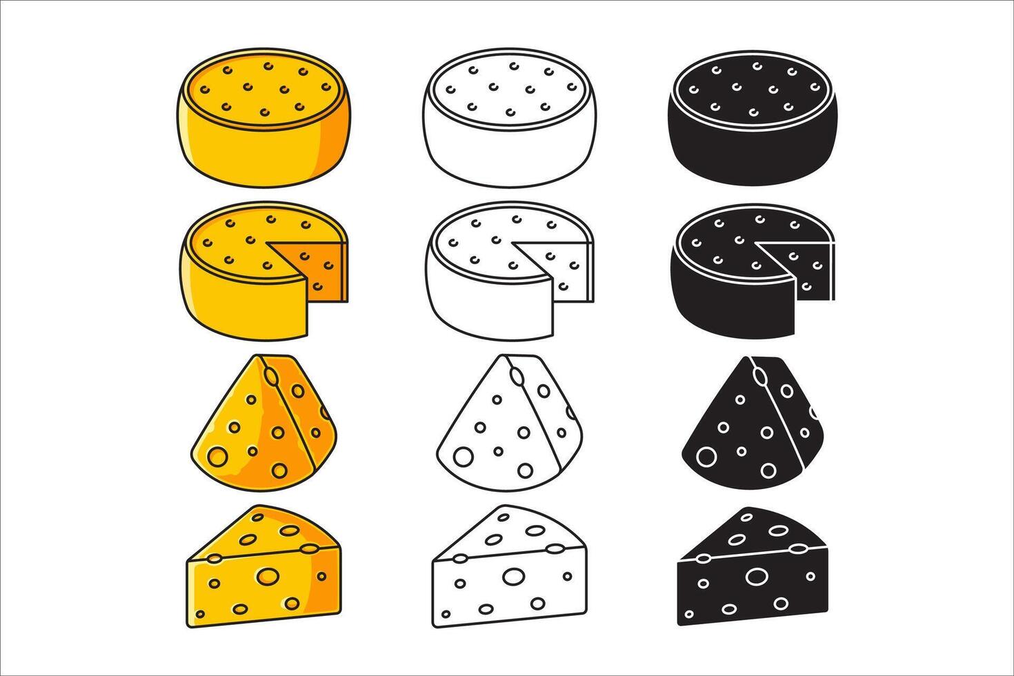 cheese block, wheels, wedges and slice shapes icon set with colorful, outline, line art, silhouette, glyph style. Food label, dairy product, restaurant, cafes, nutrition. illustration. vector