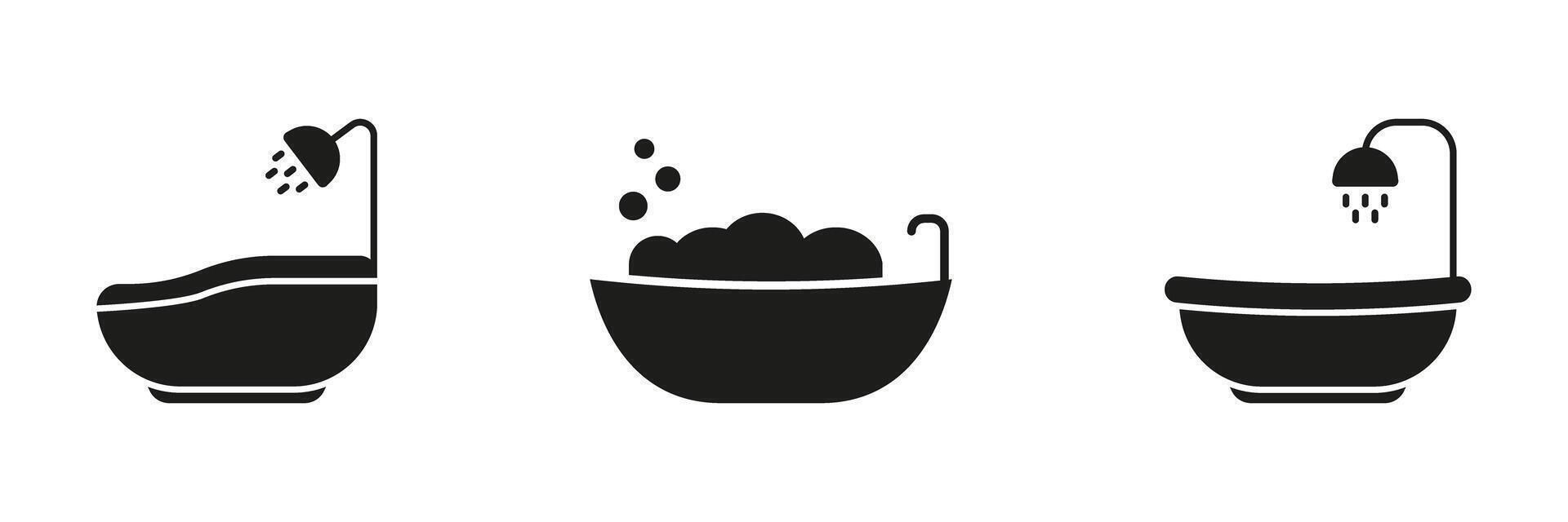 Bathtub And Shower Solid Icon Set. Bathroom Hygiene, Relaxation, And Spa Experience Silhouette Symbol Collection. Home Comfort And Cleanliness. Isolated Illustration vector