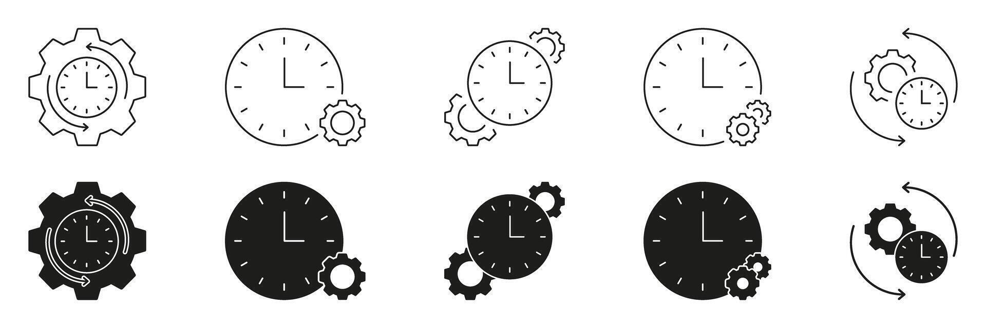 Clock And Gear Line And Solid Icon Set. Time Management, Efficiency, And Process Optimization Symbol Collection. Workflow And Productivity Enhancement. Isolated Illustration vector