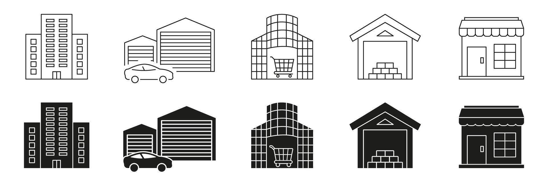 Commercial And Residential Buildings Line And Solid Icon Set. Real Estate, Retail, And Warehouse Facility Symbol Collection. Urban Infrastructure And Architecture. Isolated Illustration vector