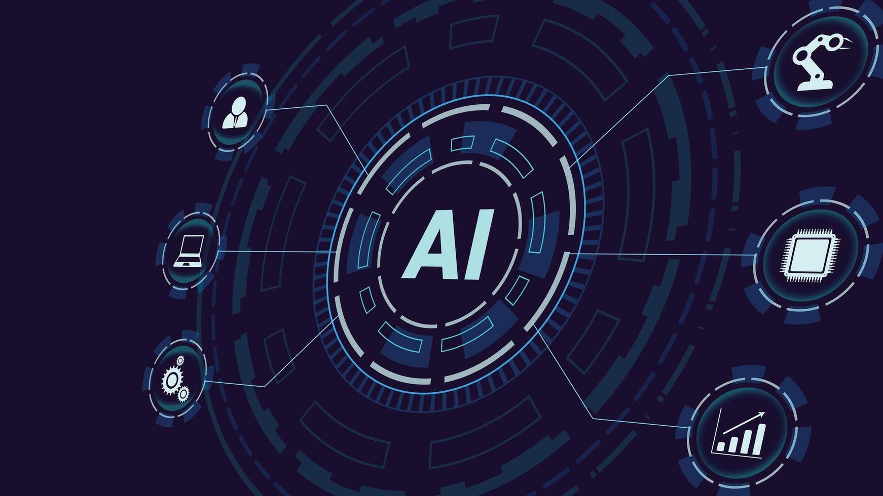 Futuristic artificial intelligence background featuring circuits, robotic icons, and digital tech layout for innovation and technology presentations vector