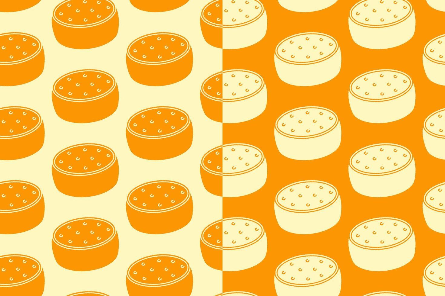 Cheese block silhouette seamless pattern on yellow white background. Cheese wheel glyph doodle pattern background. Cheddar retro filled isolated motif wallpaper. foods label, packaging and merchandise vector