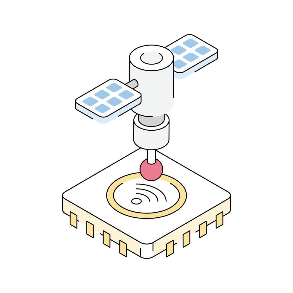An isometric outline icon of smart chip with signals vector