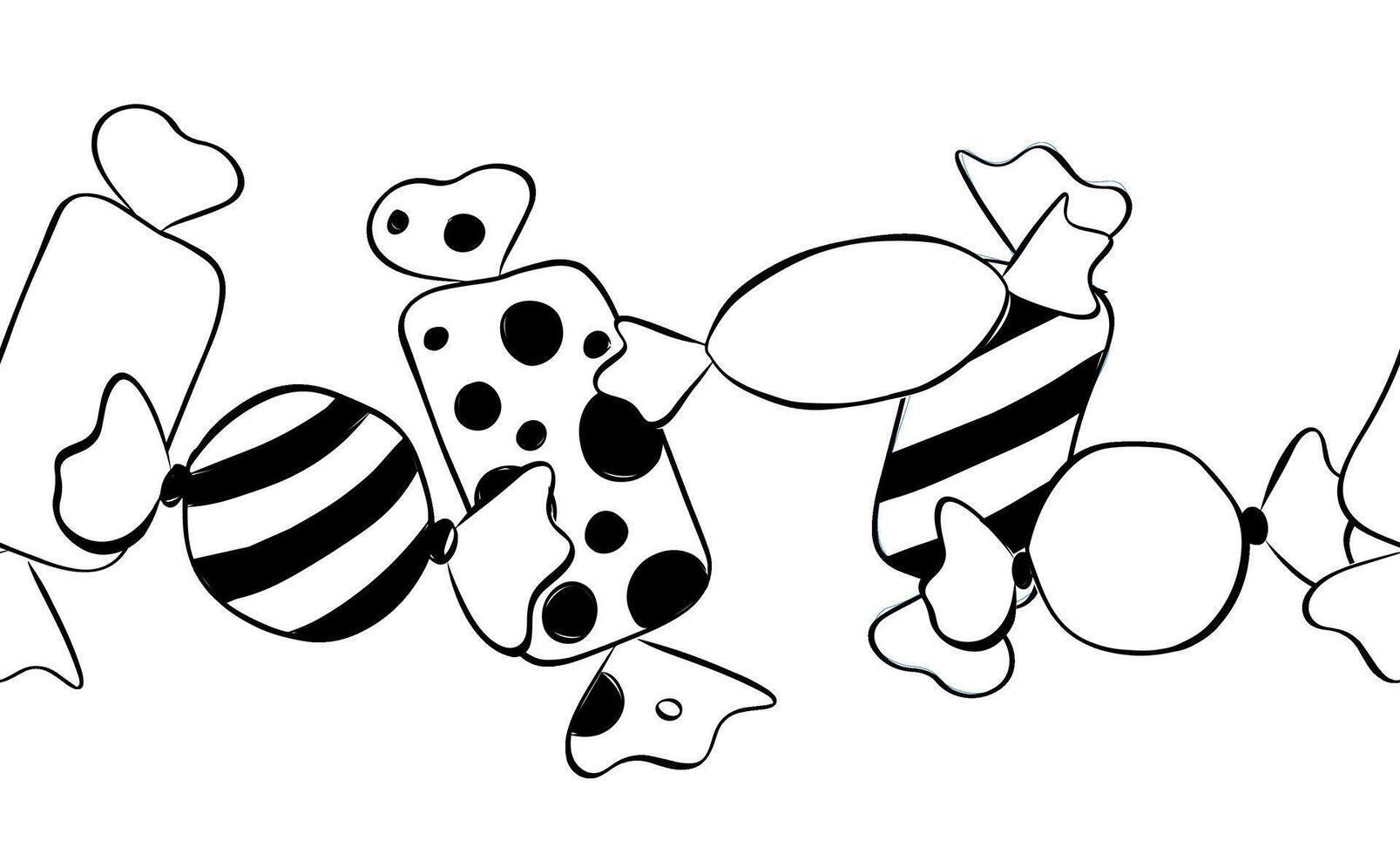 Candies sweets black and white Seamless horizontal border. graphic line ink illustration. Banner, poster, wrapping paper, sticker, print, modern textile design. vector