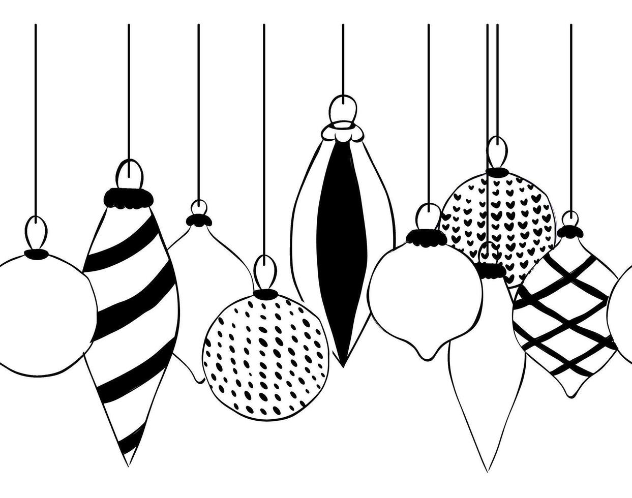 pine tree christmas toys balls Seamless horizontal border. graphic line ink illustration. For poster, invitation, backdrop, ad, sale promotion, print for t-shirt vector