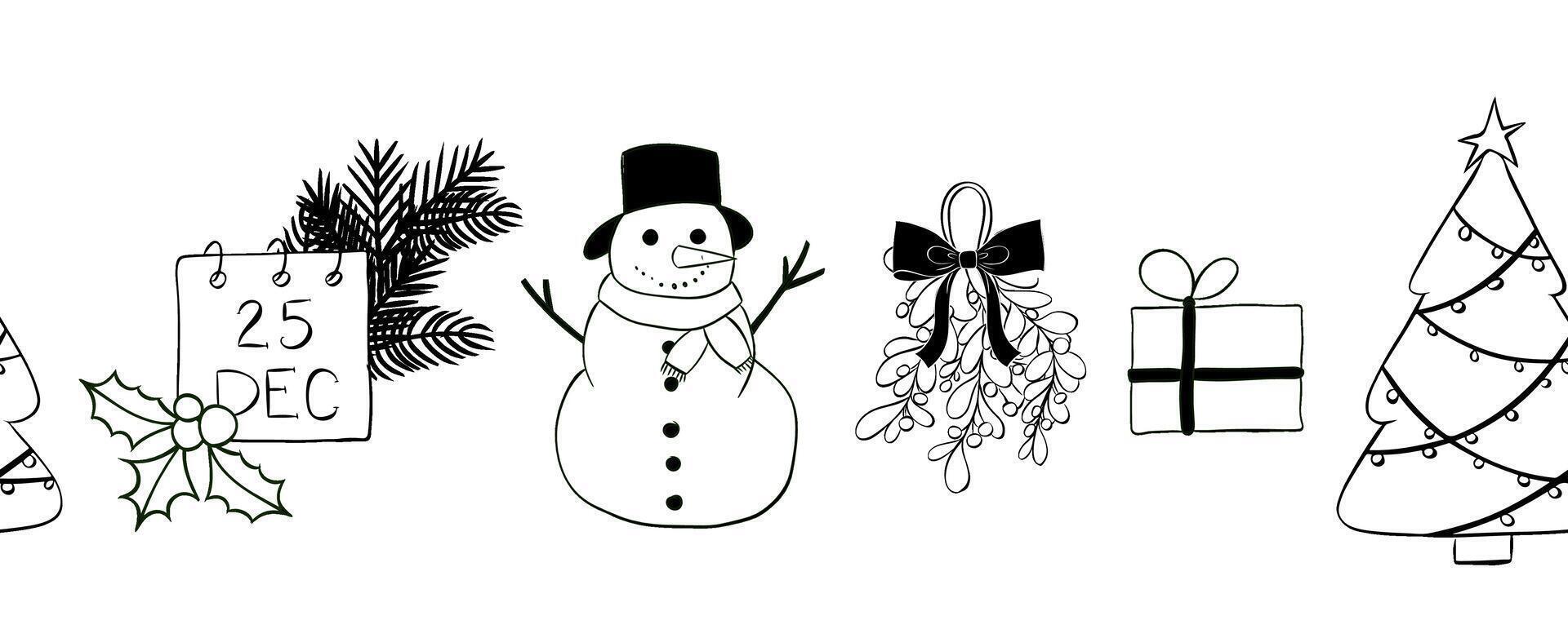 snowmen, holly, christmas tree, present Seamless horizontal border. graphic line ink illustration. For poster, invitation, backdrop, ad, sale promotion, print for t-shirt vector