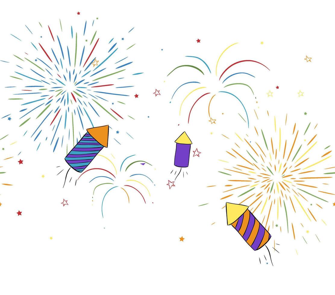 Fireworks festive explosion golden bursts, sparks Seamless horizontal border. graphic line ink illustration. Holiday celebration decoration. For logo, web, package, sticker. vector