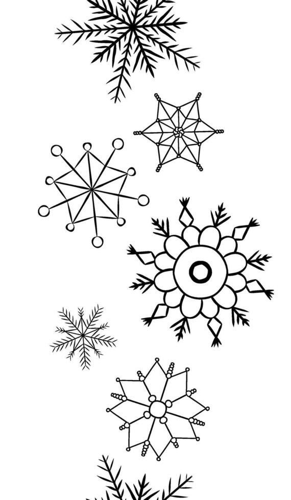 Snowflakes Seamless vertical border. graphic line ink illustration. Christmas and New Year decoration elements. Perfect for cards, decorations, stickers, logo, menu, various designs. vector