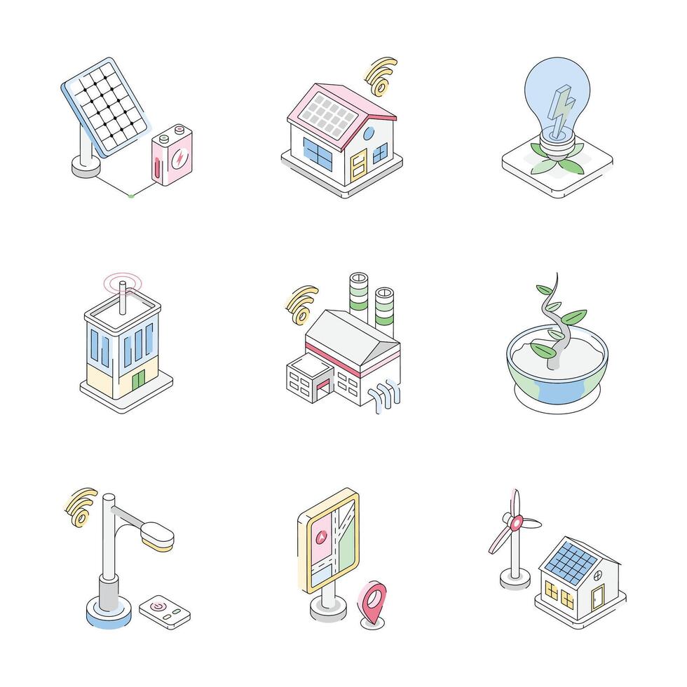 Get this trendy collection showing smart city isometric outline icons vector