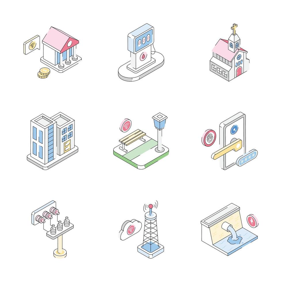 Premium trendy collection showing smart city technology isometric outline icons vector