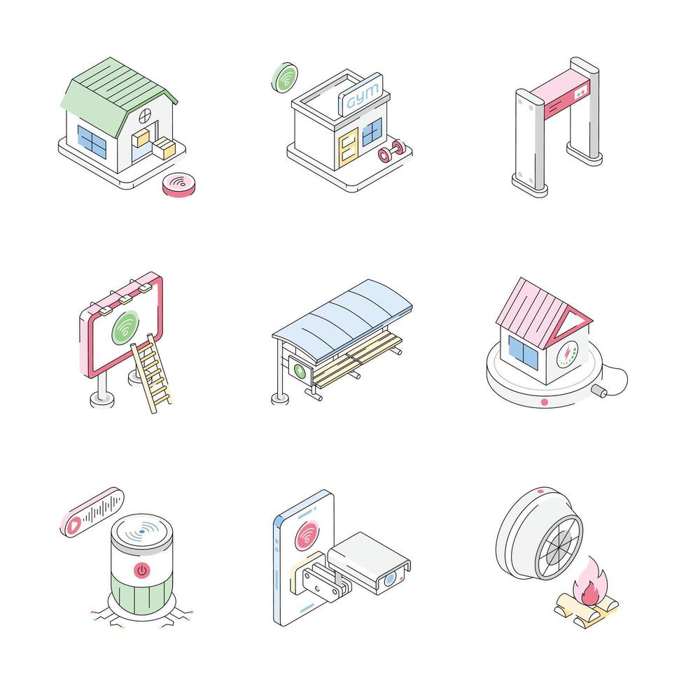 Well crafted pack of isometric outline icons showing futuristic city concepts vector