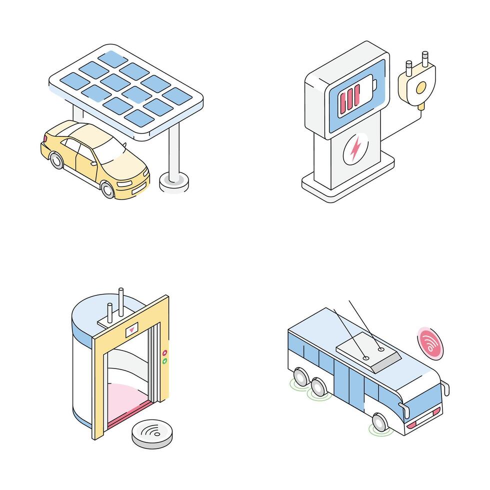 Get this trendy collection of smart city and technology isometric outline icons vector