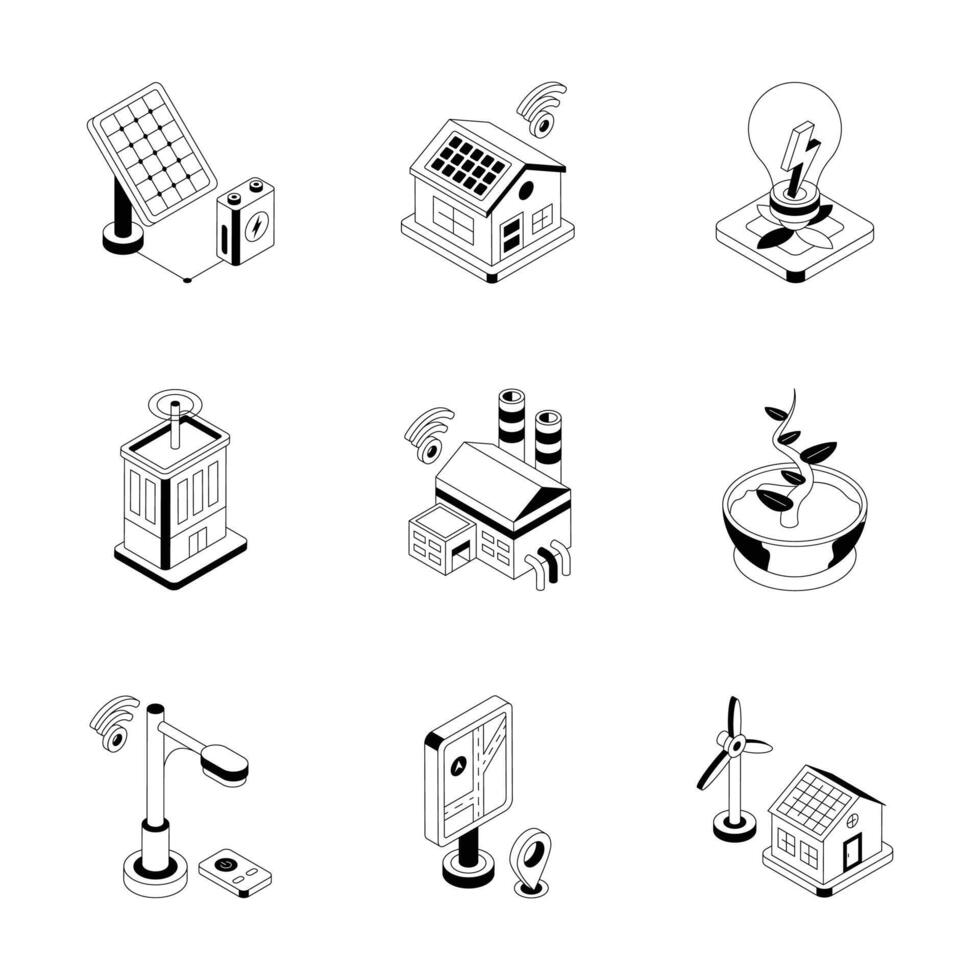 Collection of Smart City Isometric Outline Icons vector