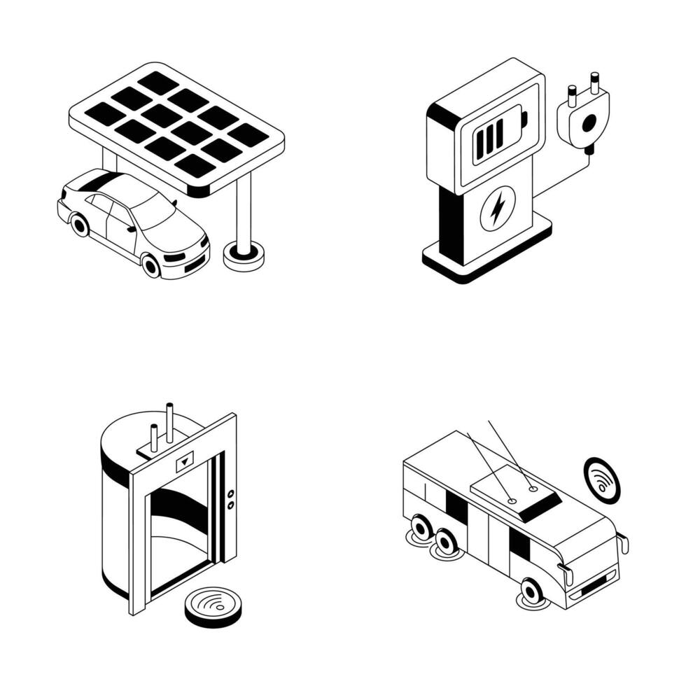 Set of Future City Technology Isometric Outline Icons vector