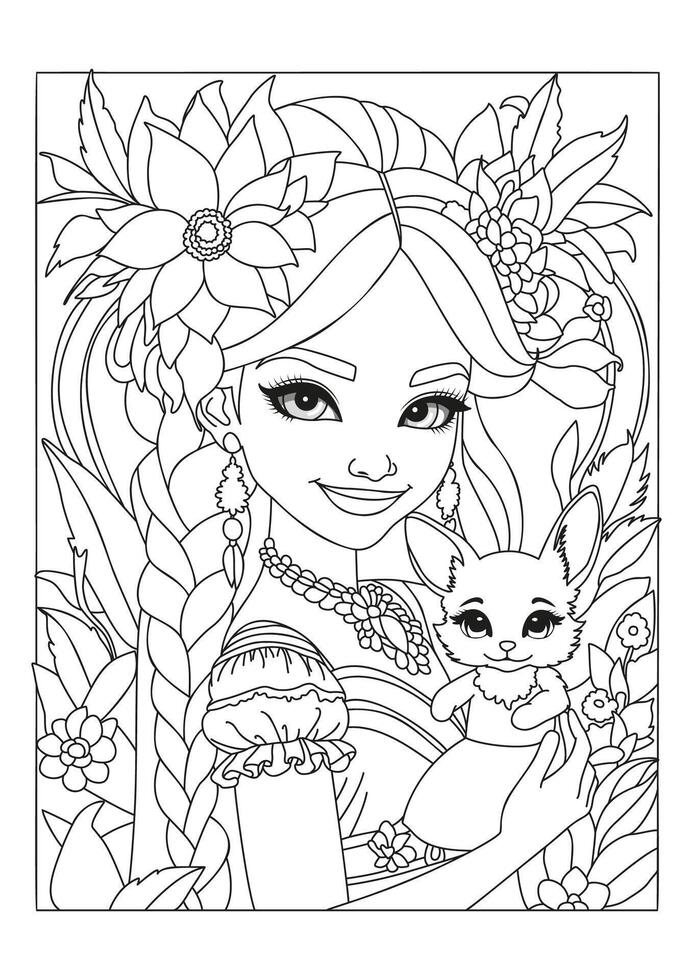 Portrait of a beautiful girl holding a soft toy. Coloring page for children and adults. Illustration for coloring. vector