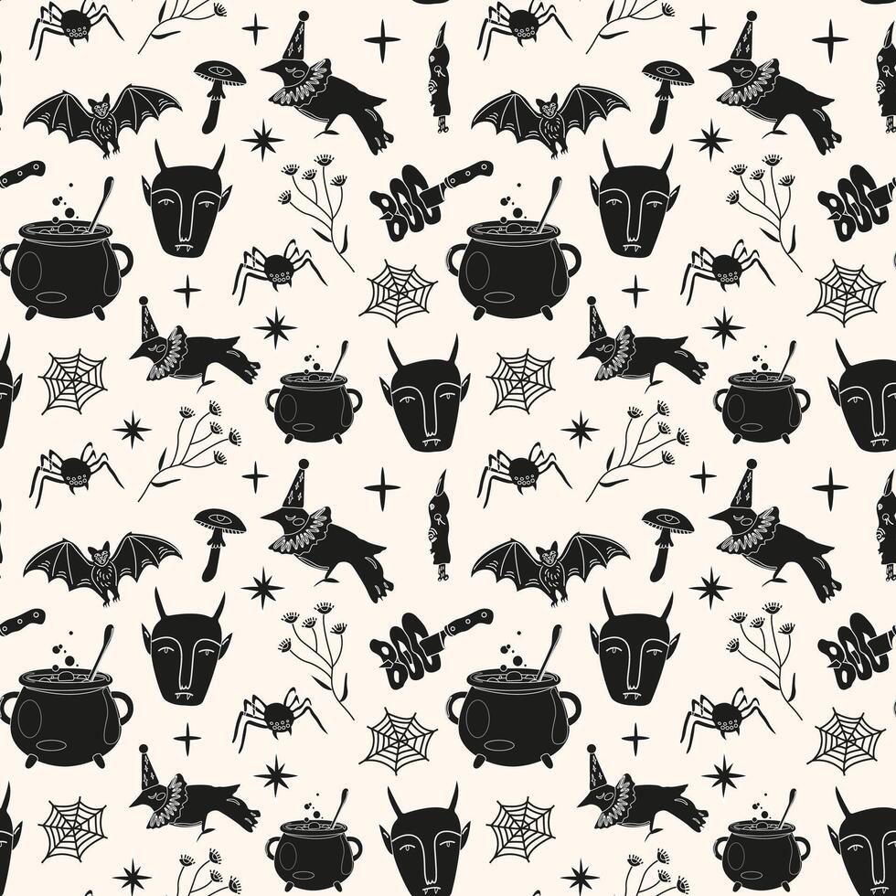 Halloween seamless pattern with spooky elements. Hand drawn doodle pattern design for textile, wallpaper, wrapping paper, background vector