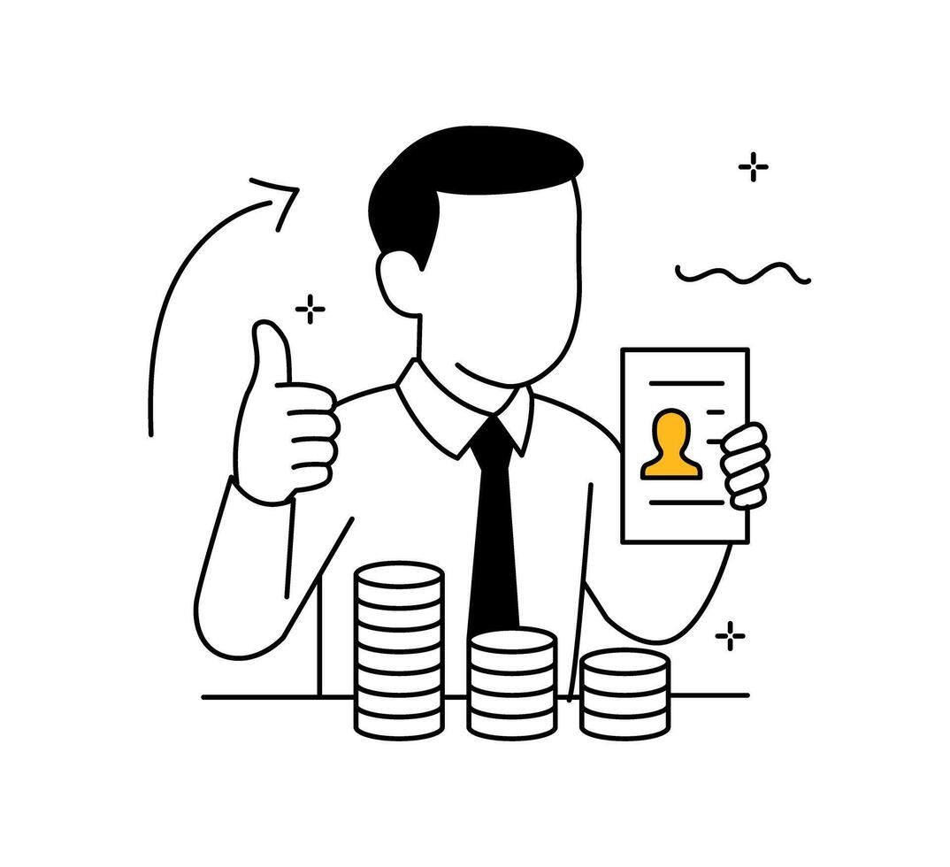 Successful businessman illustration. Man holding resume and showing thumbs up. Career approval and money concept vector