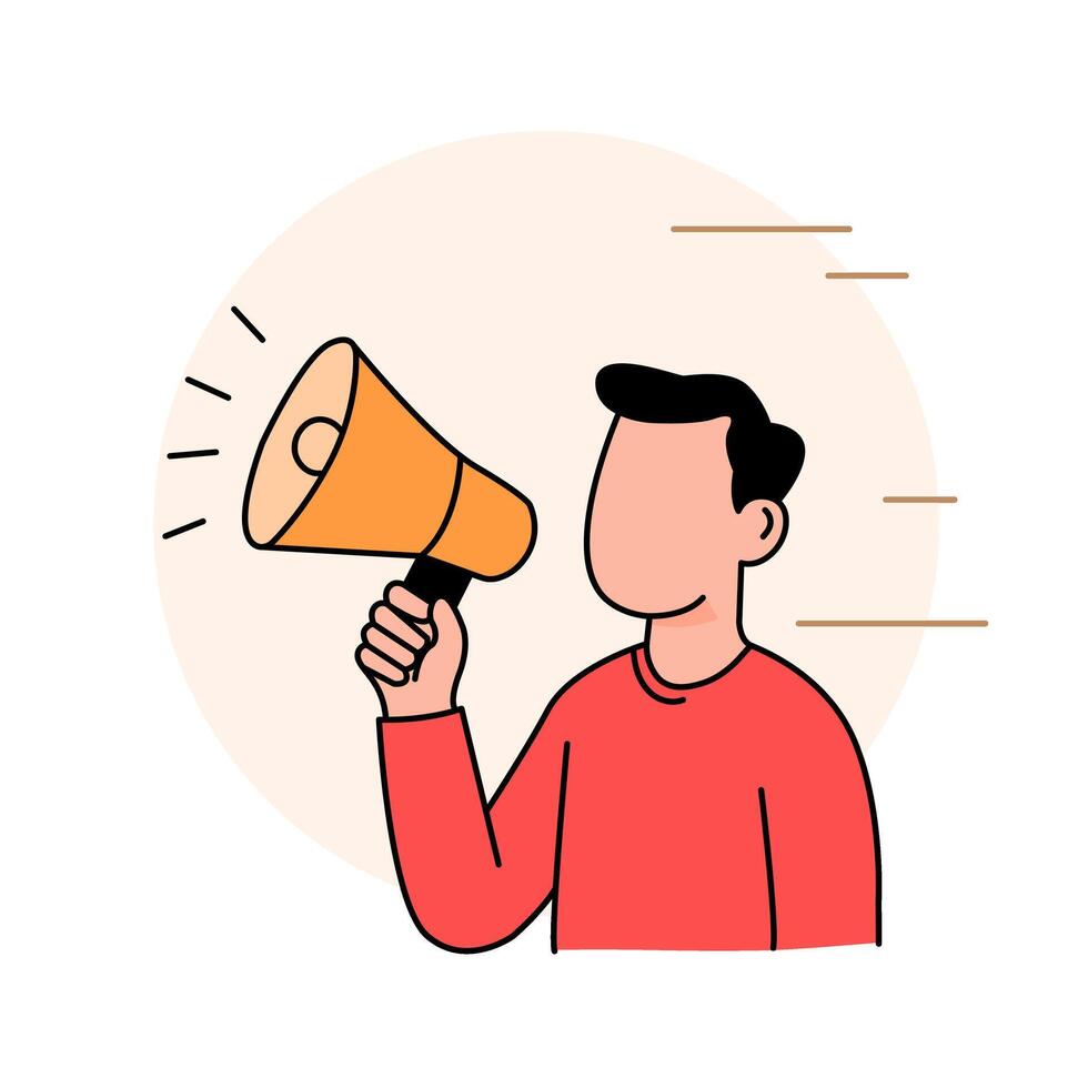 Announcement concept. Man speaking through megaphone. Flat illustration for promotion vector