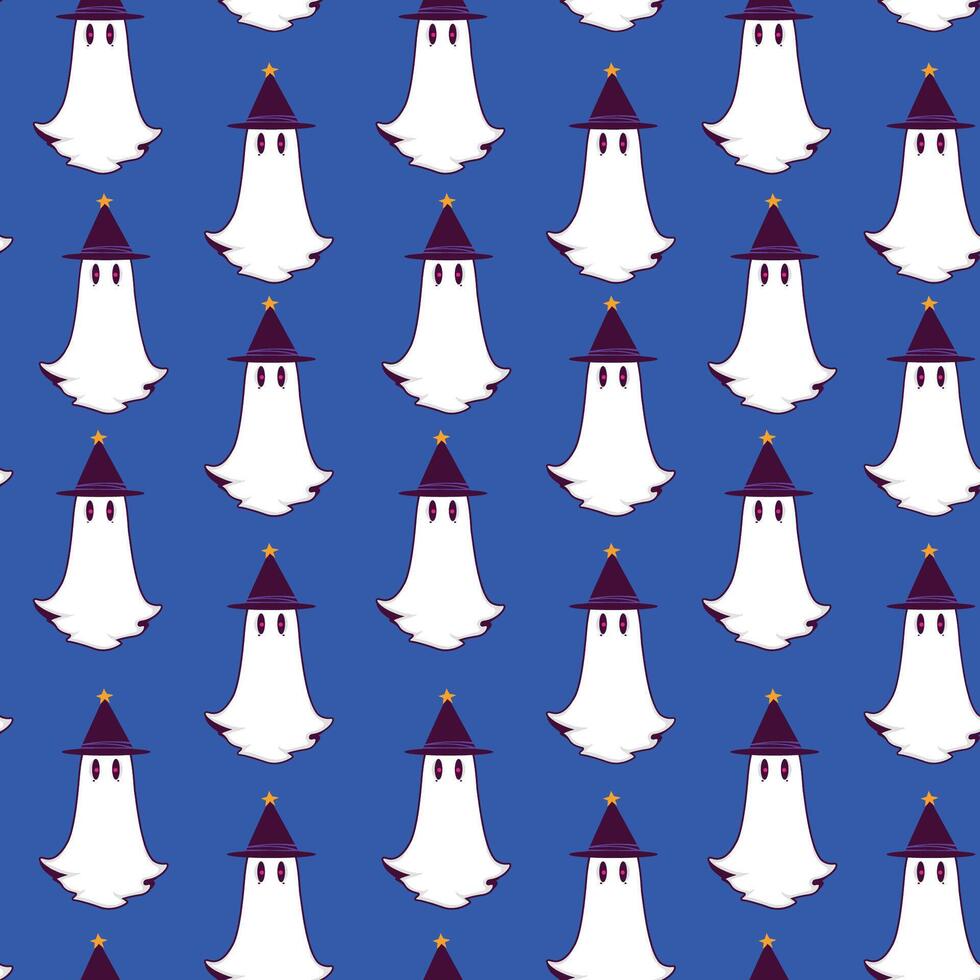 Witch Hat Ghosts Seamless Pattern on Deep Blue Background. Minimal Halloween design with floating spirits wearing pointed hats perfect for invitations, cards, posters, holidays vector