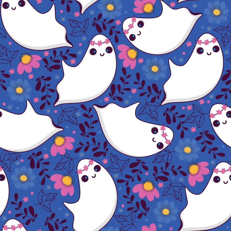 Seamless Pattern with Playful White Ghosts with Floral Headbands and Flowers. Colorful floral background with floating ghosts on deep blue background perfect for invitations, cards, posters, holidays vector