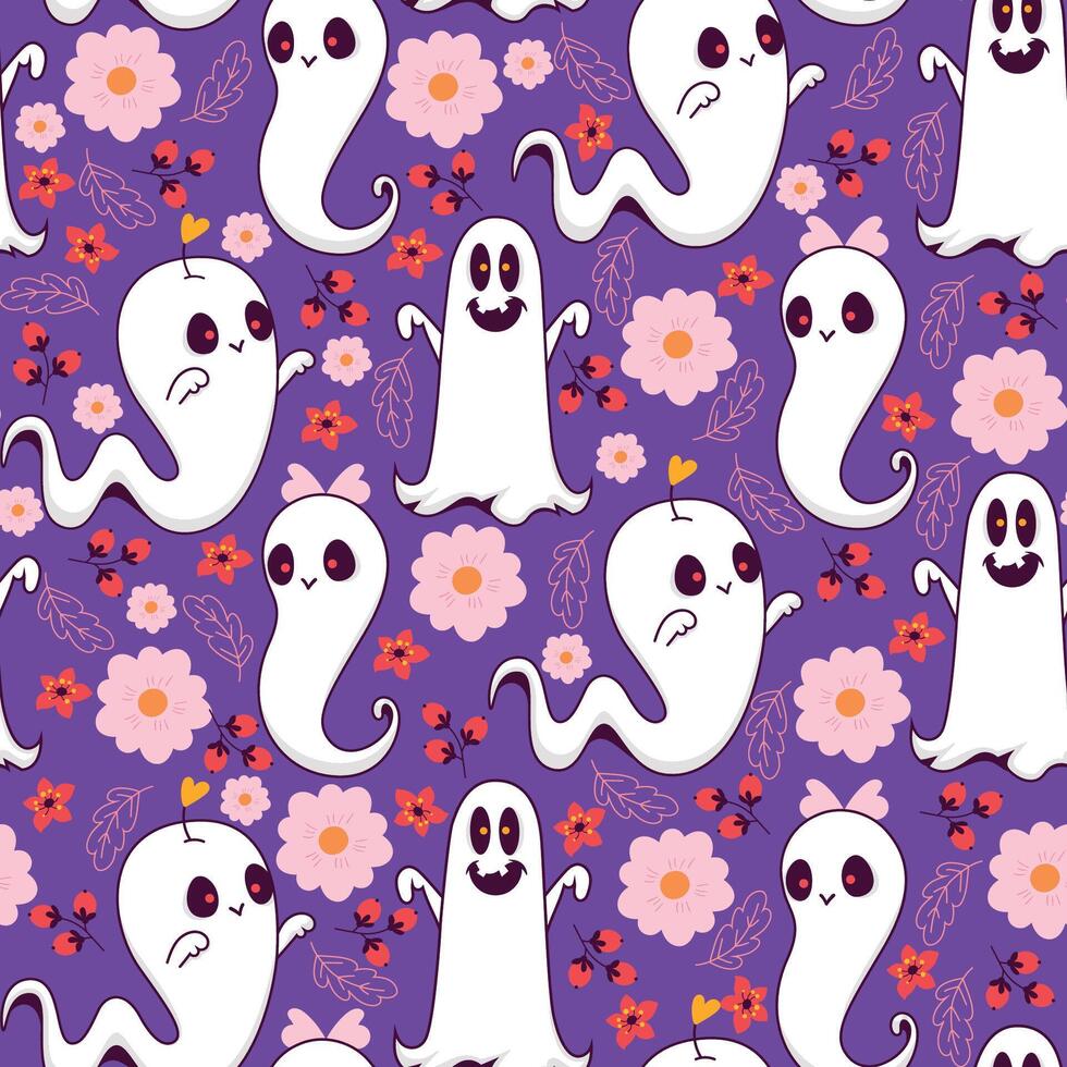 Happy Ghosts with Flowers, Berries and Leaves on Purple Background. Happy Halloween seamless pattern with cheerful spirits and blooming flowers perfect for cards, patterns, print, web vector