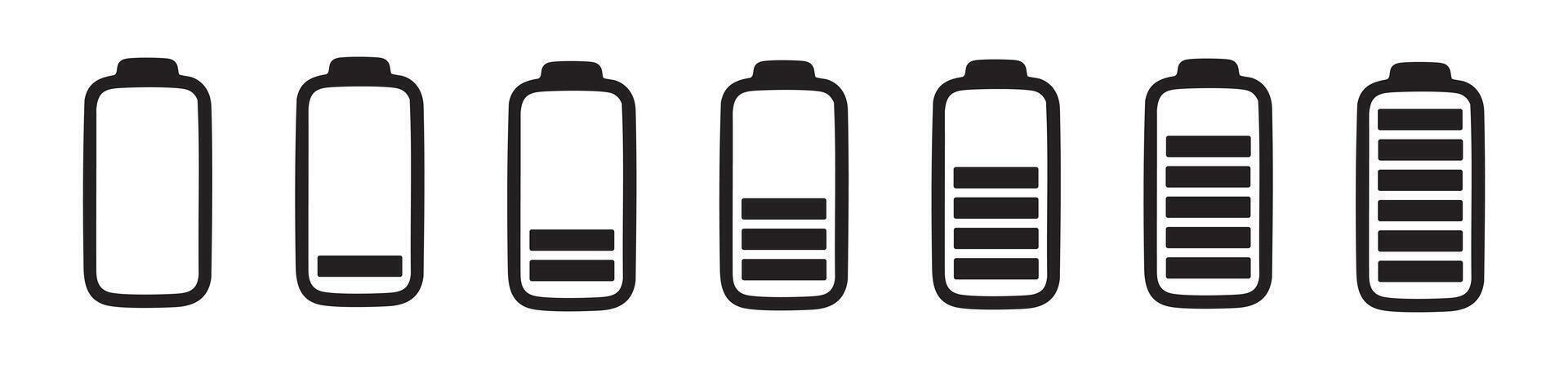 Set of battery icons showing different charge levels, black silhouette on white background. concept of energy, power, charging, technology, renewable energy, design elements vector