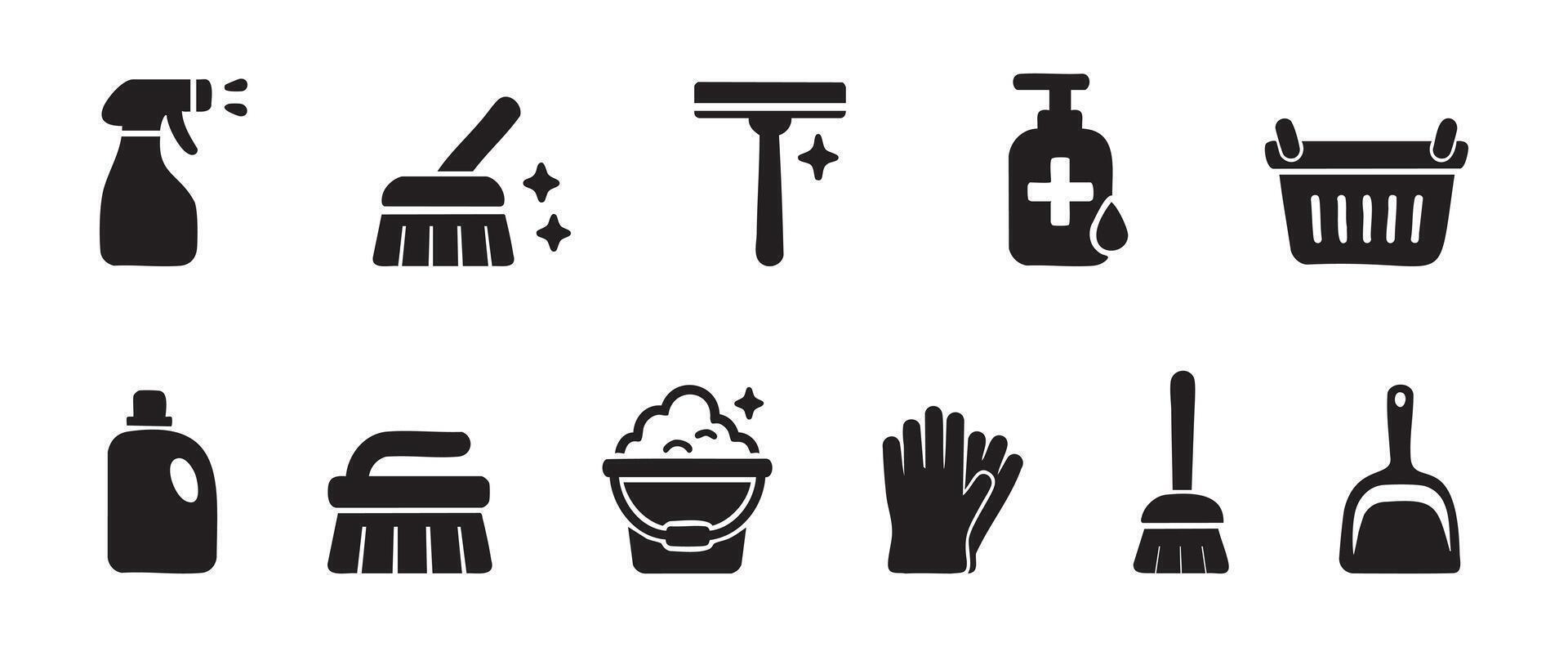 Black silhouette of cleaning tools and supplies set including spray bottle, mop, gloves, brush and other, isolated on white background. household chores, cleanliness, home maintenance, icon collection vector