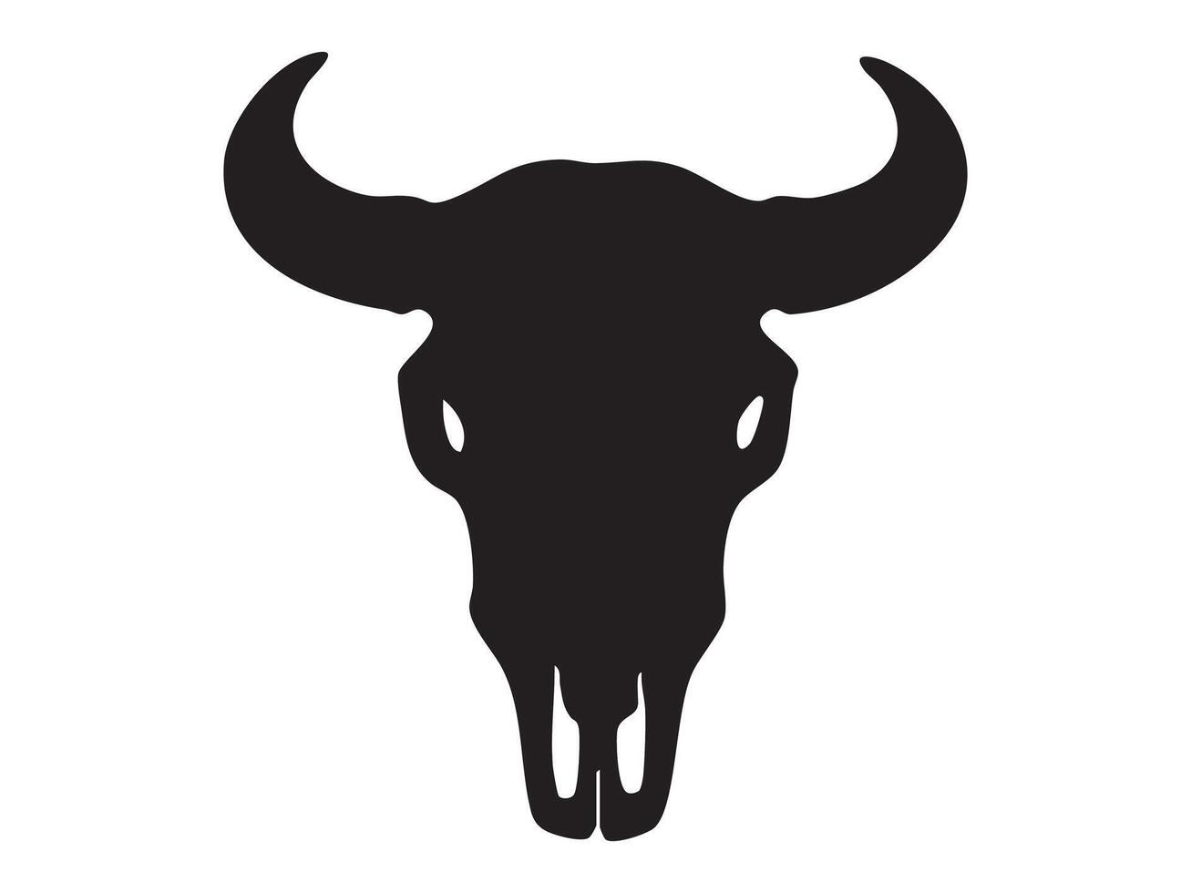 Black silhouette of a buffalo or yak skull with wide curved horns, isolated on white background, graphic illustration. Concept of wild animal skeleton, tribal hunting symbol, design element vector