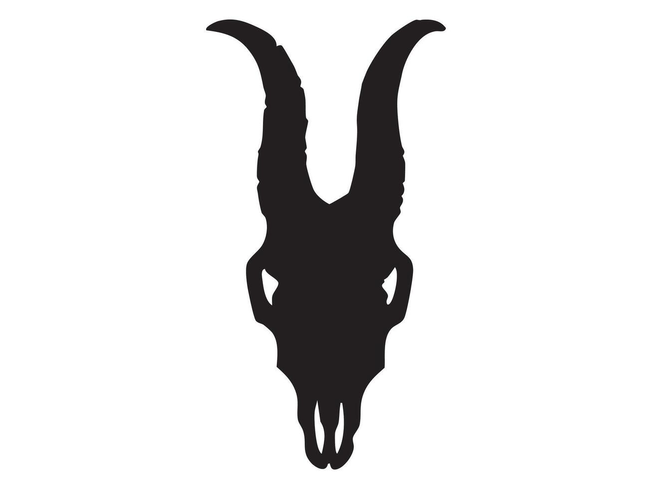 Black silhouette of antelope skull with long spiral horns isolated on white background graphic illustration. Concept of wild animal skeleton, gazelle or wild goat skull, tattoo, safari design element vector
