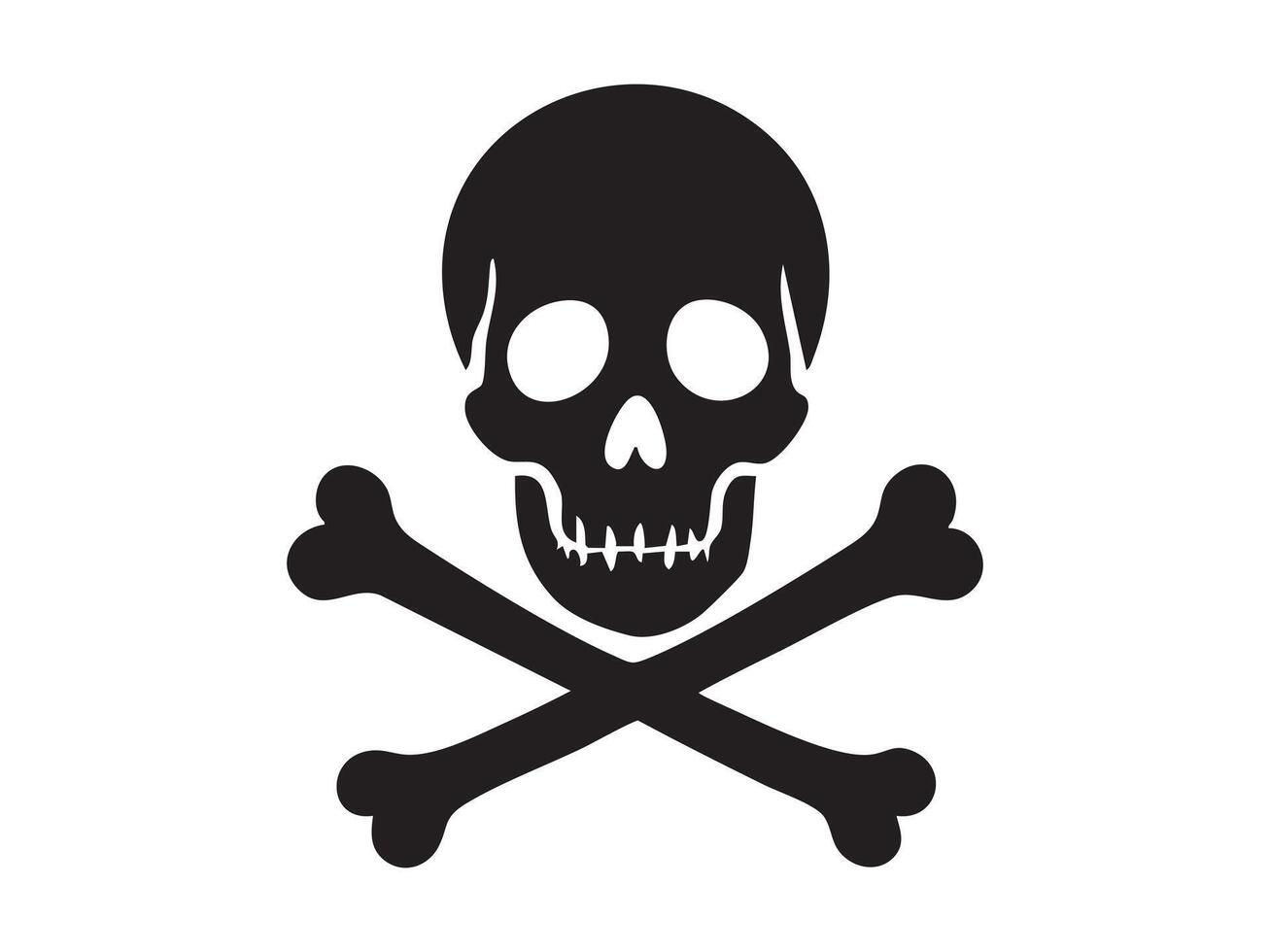 Black silhouette of human skull with crossed bones in graphic illustration, isolated on white background. concept of danger, pirate symbol, horror icon, design element, halloween decor vector