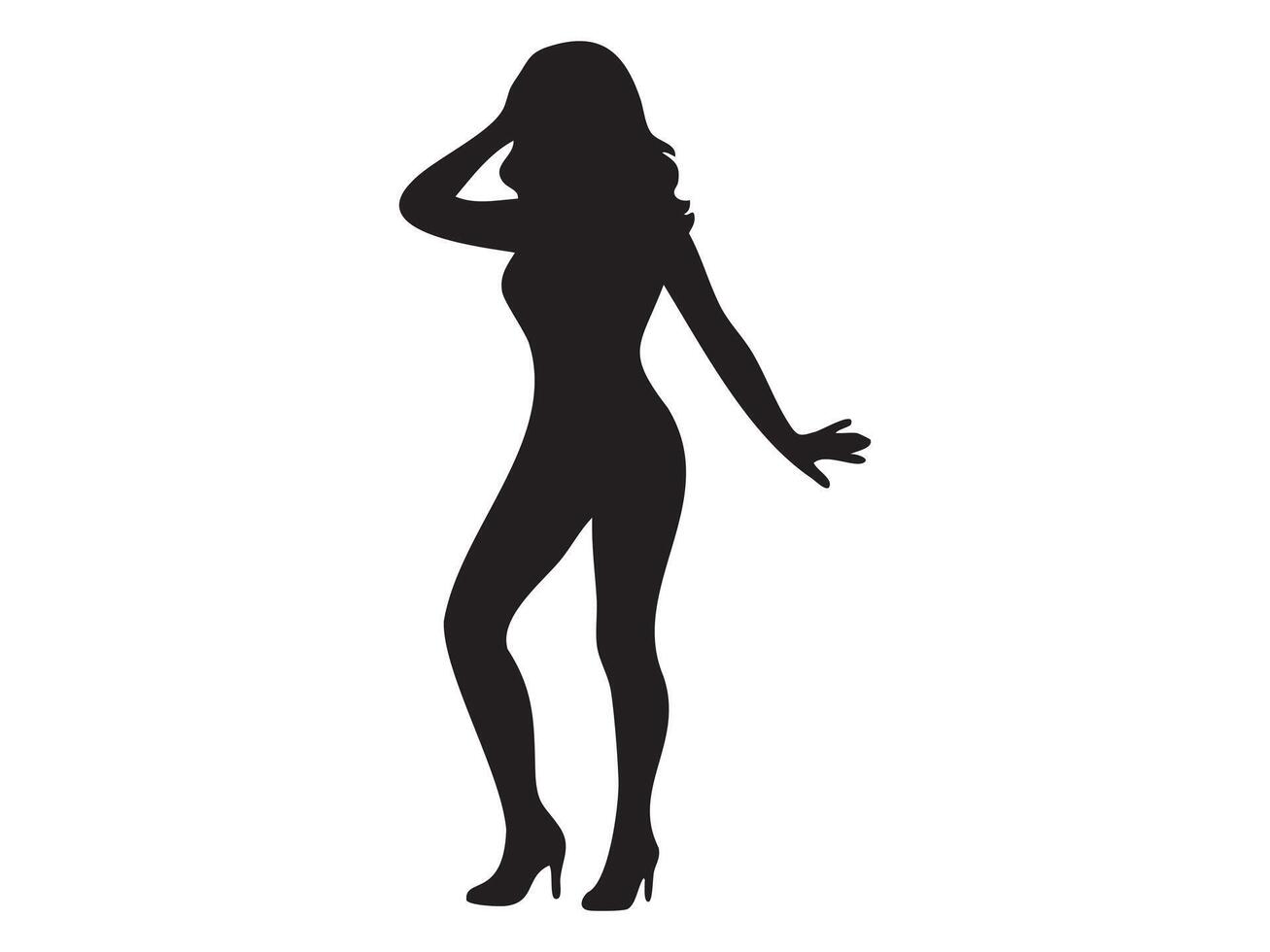 Black silhouette of a dancing woman in a graceful pose, isolated on white background, graphic illustration. concept of dance, elegance, female figure, icon, logo, design element vector