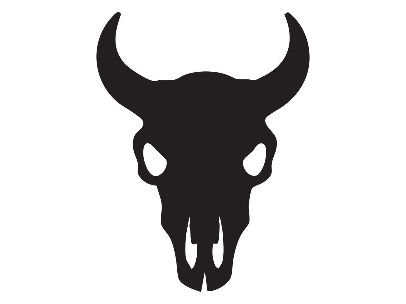 Black silhouette of a buffalo skull with large curved horns, isolated on white background, graphic illustration. Concept of wild animal skeleton, western boho decor, tribal tattoo design element vector