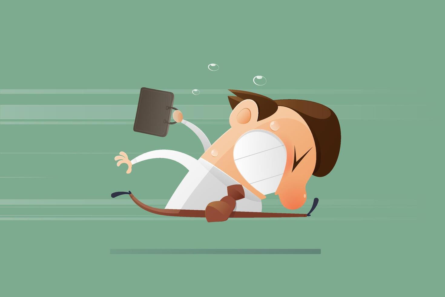 Cartoon illustration shows a stressed office worker sprinting to work. vector