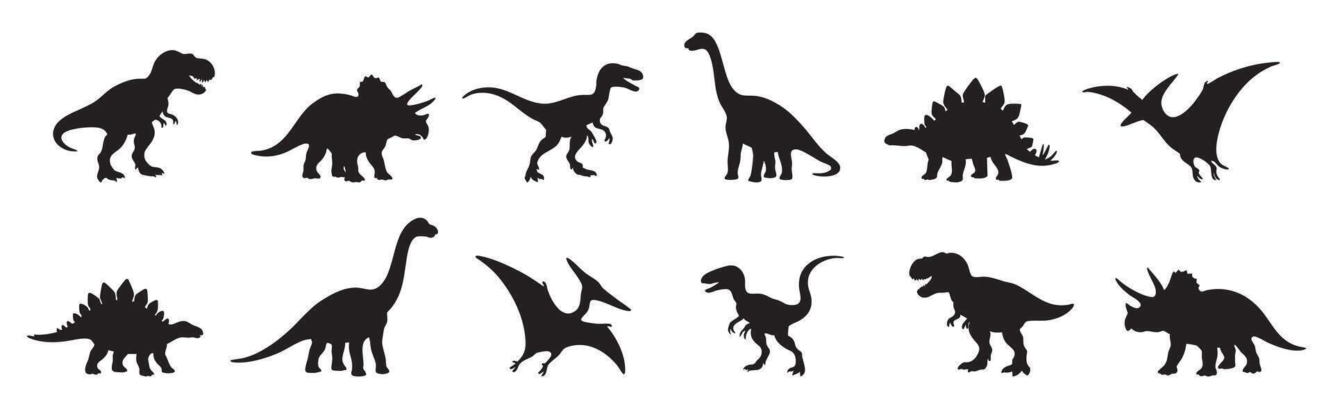 Set of Black silhouette of various dinosaurs in different poses, isolated on white background, graphic illustration. concept of prehistoric, extinct animals, paleontology, Icon Collection vector