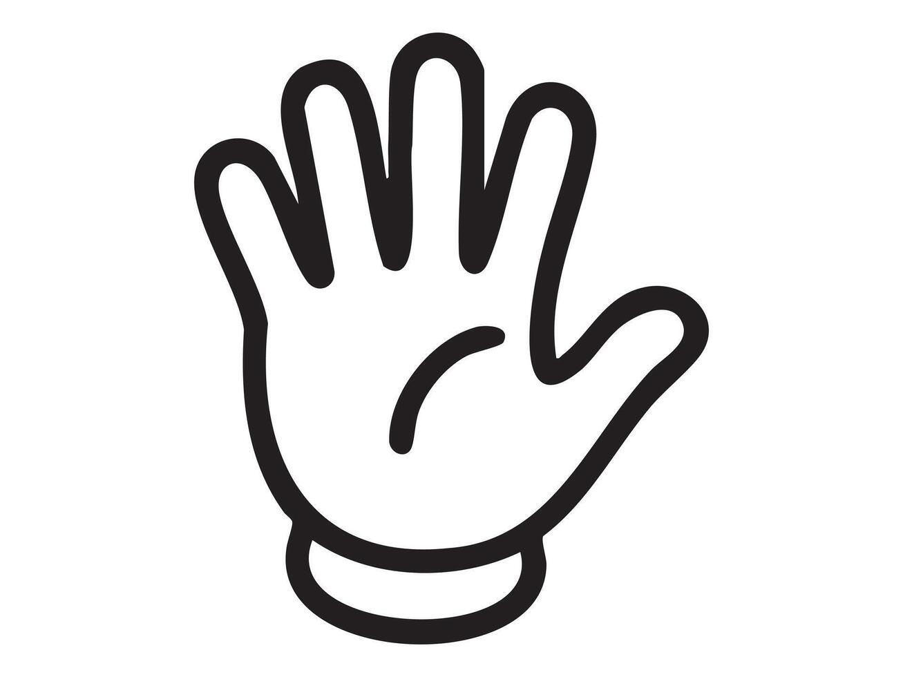 Black outline open hand with spread fingers gesture icon isolated on white background. Concept of raised hand, greeting signal, attention request, honesty and openness symbol, illustration vector