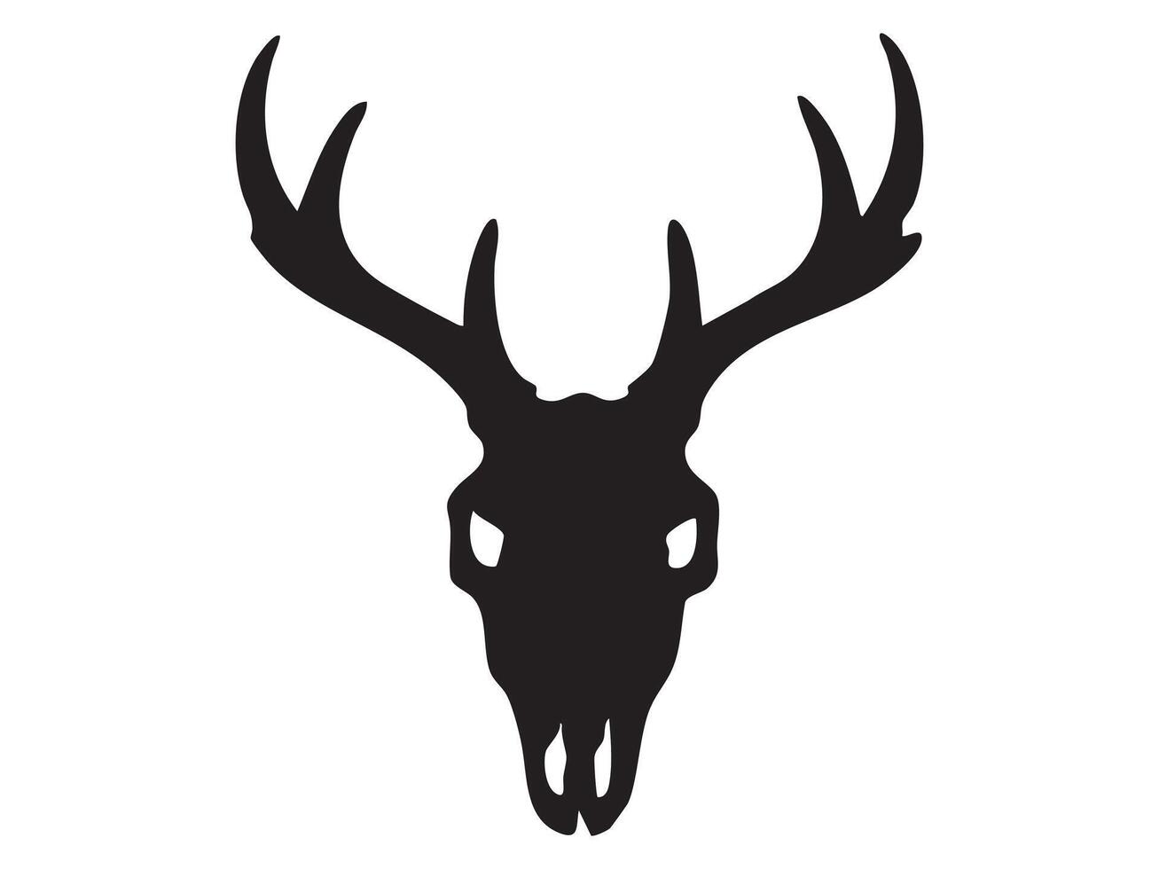 Black silhouette of deer skull with large branched antlers, isolated on white background, graphic illustration. Concept of wild animal skeleton, moose or roe deer skull, design element vector