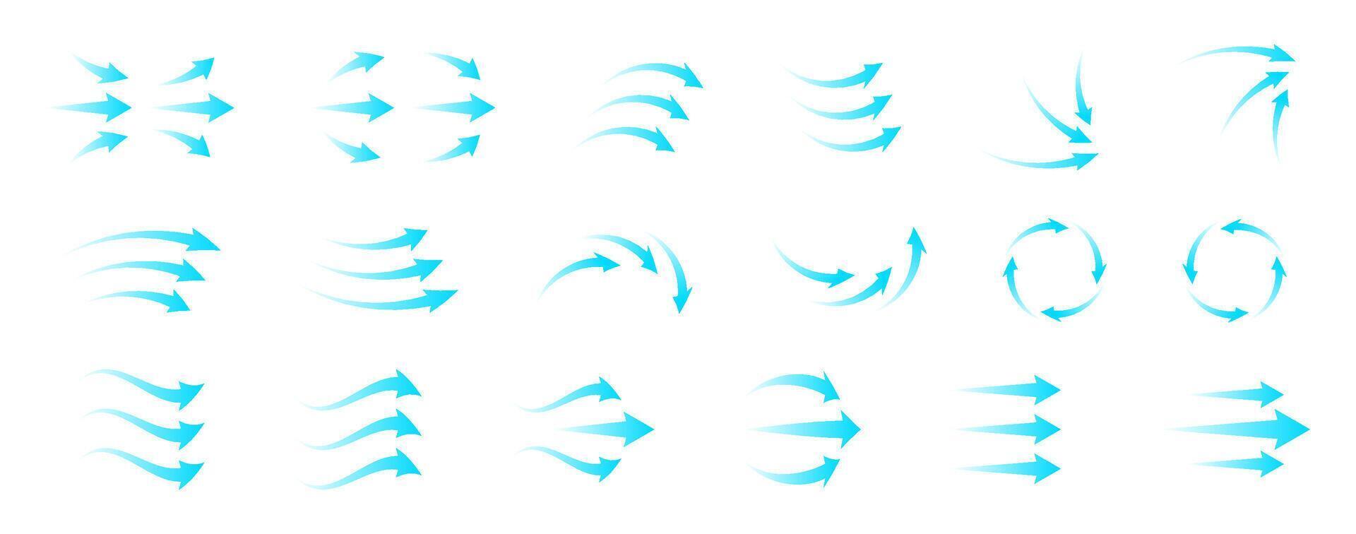 Modern air flow icon set with blue arrows and circular wave motion. Represents ventilation, filtration and purification system. Transparent symbols for HVAC home electronics infographic design vector